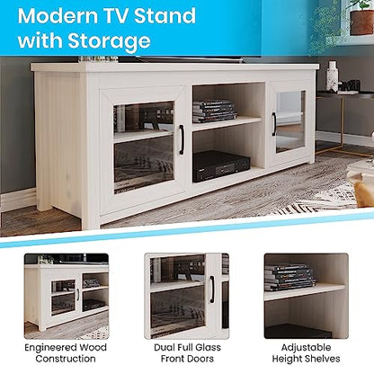 Sheffield Engineered Wood TV Stand for 80" TVs, Media Console/TV Cabinet with 3 Adjustable Shelves and Glass Doors, White Wash Finish