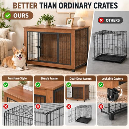 38.6" Dog Crate Furniture with Wheels and Double Doors, view 8