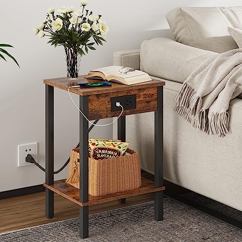 Side Table with Charging Station, Set of 2 End Tables with USB Port and Outlets, Nightstands with 2-Tier Storage Shelves, Sofa Table for Small Space, Living Room, Bedroom, Rustic Brown 102F2