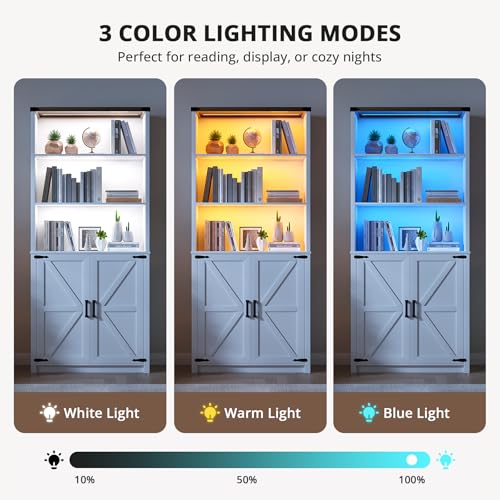 Farmhouse 5-Tier Bookshelf with Doors and 3-Color LED Lights, view 5