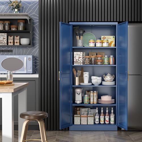Kitchen Pantry Cabinet,71” Metal Pantry Storage Cabinets with Doors and 4 Adjustable Shelves,Blue Kitchen Cabinet with 2 Gold Handles,Tall Cabinet for Livingroom