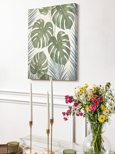 NuYeBiofx Farm Retro Monstera Palm Leaves Canvas Wall Art Prints,40"x28" Framed Picture Artwork Sage Green Gray Plant Printed Canvas Oil Painting for Living Room Bedroom Office,Ready to Hang