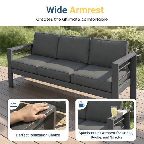 Aluminum Outdoor Patio Furniture Set, Oversized Patio Conversation Sets with Deep Seating and Wide Armrest, Outdoor Sectional Metal Sofa with 5 Inch Cushion and Coffee Table, Dark Grey