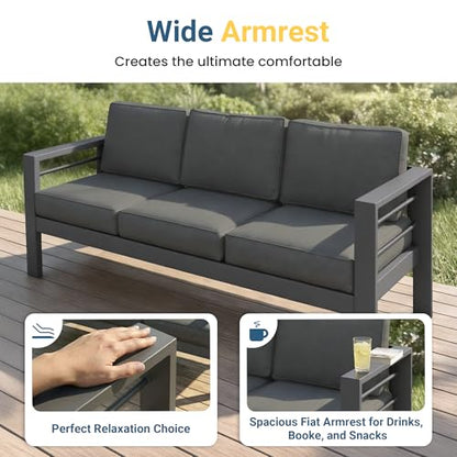 Aluminum Outdoor Patio Furniture Set, Oversized Patio Conversation Sets with Deep Seating and Wide Armrest, Outdoor Sectional Metal Sofa with 5 Inch Cushion and Coffee Table, Dark Grey