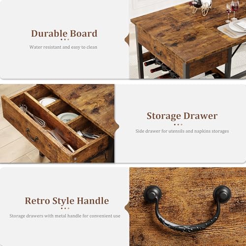 Dining Table Set for 4, Dining Room Table with Storage Drawers & Wine Rack, Kitchen Dining Table Set with Upholstered Benches for Dining Room-Retro Brown