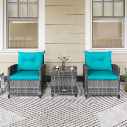 3 Piece Patio Furniture Set, Outdoor PE Rattan Conversation Set with Washable Cushions & Tempered Glass Tabletop, Wicker Chairs and Table Set for Porch, Garden, Balcony (Turquoise)