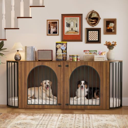 86.6'' Double Dog Crate Furniture, Oval Dog Kennel Furniture with Divider, view 2