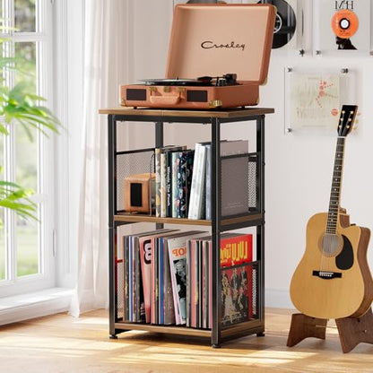 Record Player Stand, 3 Tiers Tall Side Table, Turntable Table with Vinyl Record Storage Up to 200 Albums, Rustic Brown