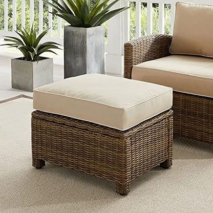 Bradenton Wicker Outdoor Ottoman Foot Rest for Patio, Deck, Porch, Brown with Sand Cushions
