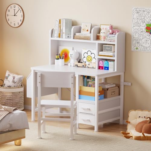 Kids Desk and Chair Set with Hutch, Study Desk with Storage, White, view 3