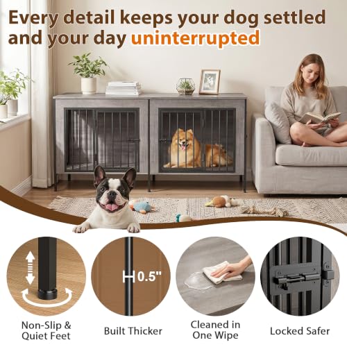 55" Wooden Double Dog Crate Furniture, Removable Divider, Oak Grey, view 6
