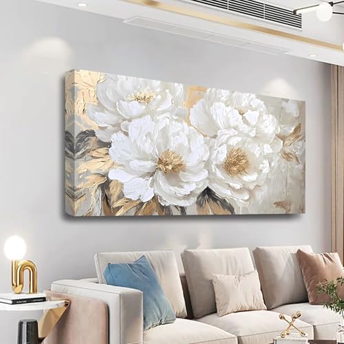 Platinum Peony Picture Print Canvas Wall Art Living Room Office Bedroom Wall Decor Floral Wall Art Prints Modern Gold White Landscape Artwork Waterproof Ready to Hang - 20x40 inches