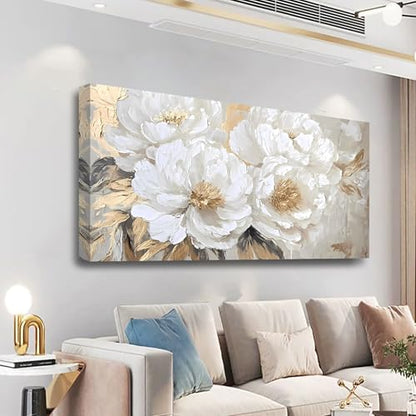 Platinum Peony Picture Print Canvas Wall Art Living Room Office Bedroom Wall Decor Floral Wall Art Prints Modern Gold White Landscape Artwork Waterproof Ready to Hang - 20x40 inches