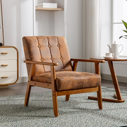 Modern Accent Chair, Mid-Century Linen Armchair with Solid Wood Armrests, Button-Tufted Comfortable Cushioned Reading Chairs for Living Room, Bedroom (Coffee)