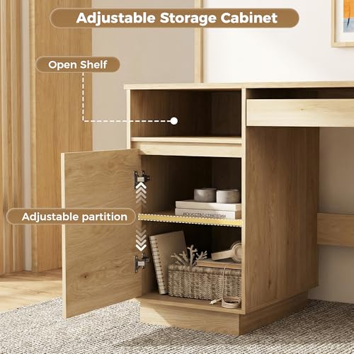 58" Modern Executive Desk with Drawers, Office Desk with File Drawer & Open Storage & Power Outlet, Keyboard Tray, Wooden Computer Desk for Home Office & Studio
