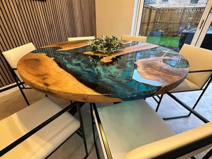 RESINHOMEFURNITURE Luxury Blue Ocean Resin Wood Table – Round Epoxy Dining, Coffee, or Conference Table with Nature-Inspired River Design for Elegant Home Decor (18 Inches Tall, 18 x 18 Inches)
