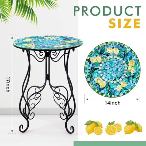 14 Inch Lemon Small Outdoor Patio Side Table Lemon Round Mosaic Side Table Accent Indoor End Plant Metal Coffee Tea Furniture for Yard Porch Garden Living Room Bedroom