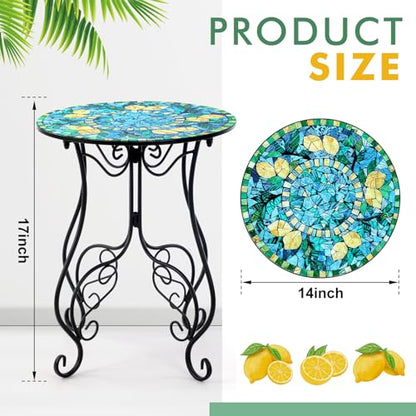 14 Inch Lemon Small Outdoor Patio Side Table Lemon Round Mosaic Side Table Accent Indoor End Plant Metal Coffee Tea Furniture for Yard Porch Garden Living Room Bedroom