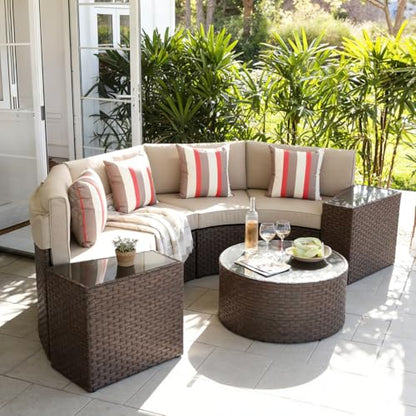 Outdoor 7-Piece Half-Moon Sectional Furniture Set with Round Coffee Table, Patio Curved Sofa Set, Beige Cushion and Brown Wicker, Incl. Waterproof Cover