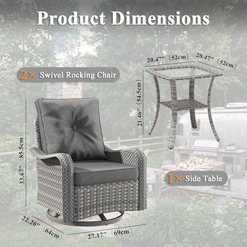3 Piece Patio Furniture Set with Swivel Rocking Chairs, Outdoor Wicker Conversation Set with 4" Cushions, Glass Side Table, PE Rattan and Rust-Resistant Frame, Black