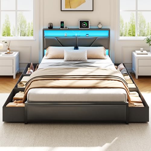 Queen Bed Frame with Storage Headboard, 6 Drawers, LED & Charging, view 7