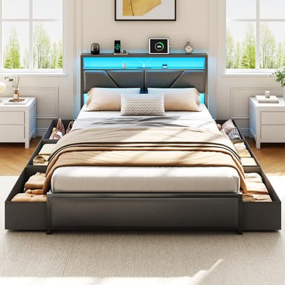 Queen Bed Frame with Storage Headboard, 6 Drawers, LED & Charging, view 7