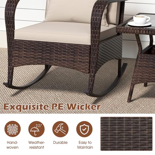 3 Pieces Patio Furniture Set, Outdoor Wicker Rocking Chairs with Cushions, Pillows, Glass Coffee Table, Rattan Bistro Rocker Set for Balcony Front Porch Poolside Garden Deck Yard (Beige)