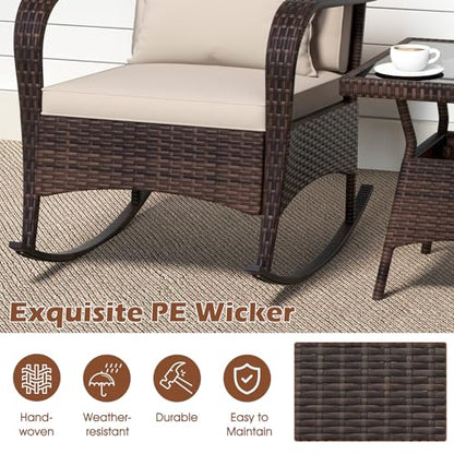 3 Pieces Patio Furniture Set, Outdoor Wicker Rocking Chairs with Cushions, Pillows, Glass Coffee Table, Rattan Bistro Rocker Set for Balcony Front Porch Poolside Garden Deck Yard (Beige)