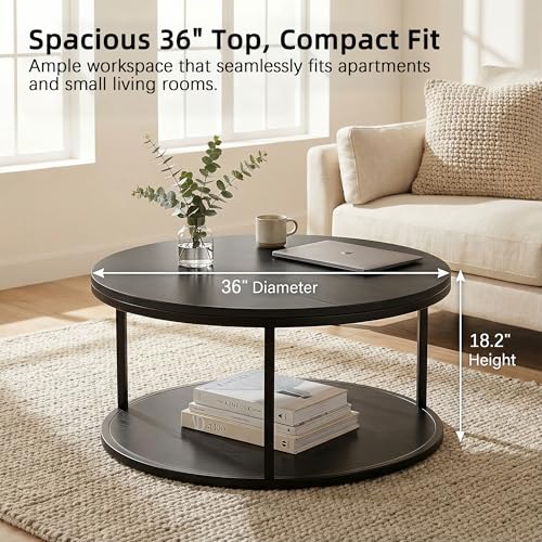 36" Modern Round Coffee Table for Living Room, 2-Tier Wood Design with Storage Shelf, Sturdy Metal Frame, Stylish Small Space Furniture, Black Metal