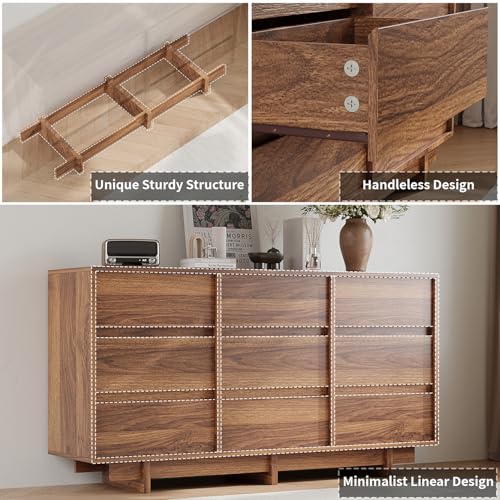 Walnut 9 Drawer Dresser for Bedroom, 59" Wide Chest of Drawers, view 4