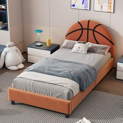 Basketball Design Twin Size Bed Frame for Kids,Twin Boys Bed Frame,Sports Theme Upholstered Platform Bed with Headboard for Boys,Girls,Orange