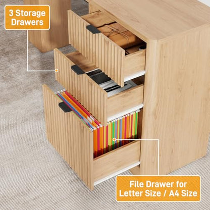 Farmhouse 68" L Shaped Fluted Desk with Hutch and Sliding Doors,Oak, view 6