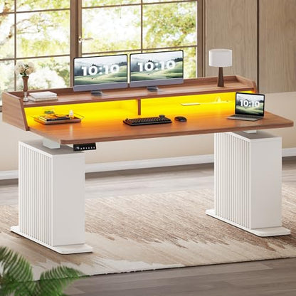 Standing Desk with Storage, 55" Fluted Stand Up Desk with Power Outlets & LED Lights, Height Adjustable Table with Monitor Shelf for Home Office, Gaming, Brown + White