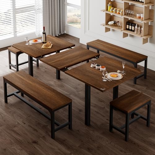 5-Piece Dining Table Set for 4-8 People, 63" Extendable Kitchen Table with 2 Benches and 2 Square Stools, Mid-Century Modern Wooden Dining Room Table, Space-Saving, Walnut