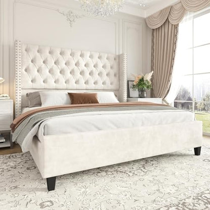 Queen Size Bed Frame Velvet Upholstered Platform Bed with 51.6" Tall Wingback Headboard Deep Button Tufted, No Box Spring Needed, Cream