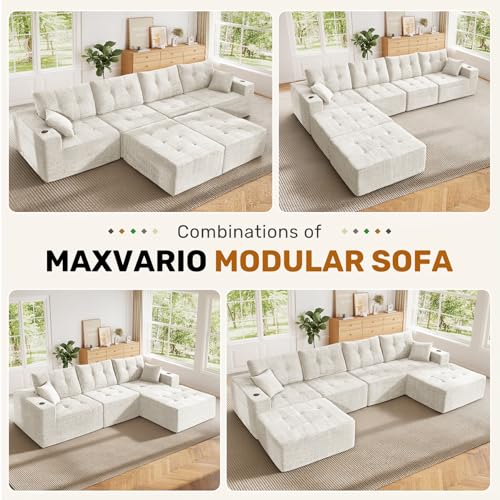 143" Modular Sectional Sofa for Living Room, Convertible U-Shape Couch with Ottoman, 6 Seater Modular Sectional Sofa,Beige Corduroy