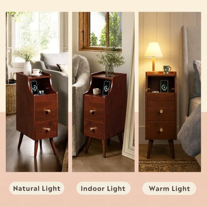 Small Nightstand with Drawers, Narrow Bedside Tables with Open Shelf & Cable Hole, Narrow Nightstand for Bedroom, Modern Storage Cabinet for Small Spaces/Living Room, Cherry