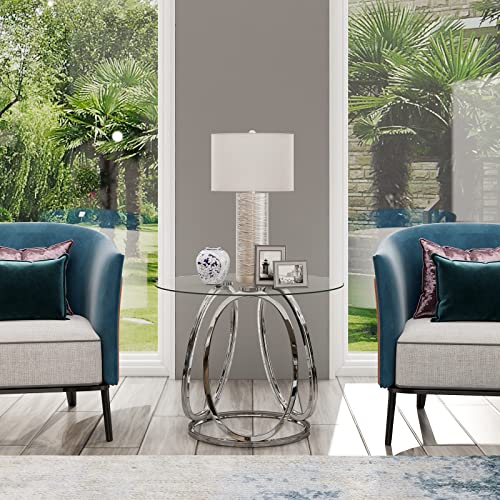Silver End Table for Living Room, Glass Side Table for Bedroom, Modern Round Glass Nightstand with Metal Frames for Home Office, Chrome Finish, 1 PC
