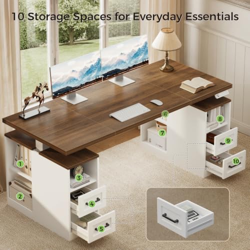 55 Inch Farmhouse Standing Desk with Storage Drawers, Walnut White, view 6