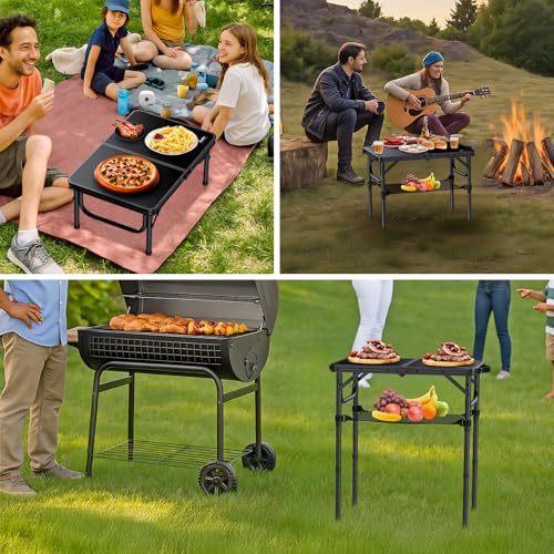 2ft Folding Camping Table with Storage Net, 3 Adjustable Heights Small Folding Table Lightweight & Portable with Carry Handle, for Camping, Fishing, Picnic, Beach, Outdoor, 22.8" x 15.7", Black