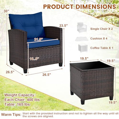 3 Pieces Patio Furniture Set, Outdoor Wicker Conversation Set Rattan Chairs with Cushions, Glass Coffee Table, Bistro Set for Front Porch Balcony Garden Deck Poolside (Navy)