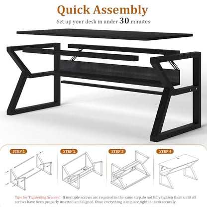 47 inch Computer Desk with Storage Shelf, K-Shaped Office Desk with Sturdy Metal Frame, Writing Gaming Work Desk with Waterproof Surface for Home Office & Bedroom, Black