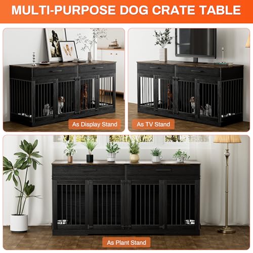 72" Double Dog Crate Furniture with Drawers and Divider, Black, view 7
