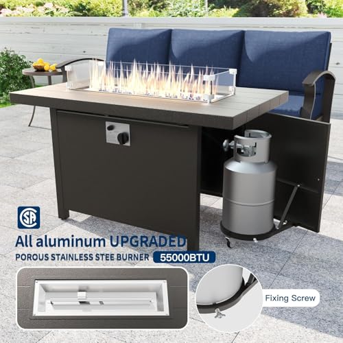 Aluminum Patio Furniture Set,5 Piece Modern Metal Outdoor Patio Furniture w/5.1'' Thick Cushion,Swivel Chairs and 45" Propane Fire Pit Table,Patio Conversation Sets for Porch,Deck,NavyBlue