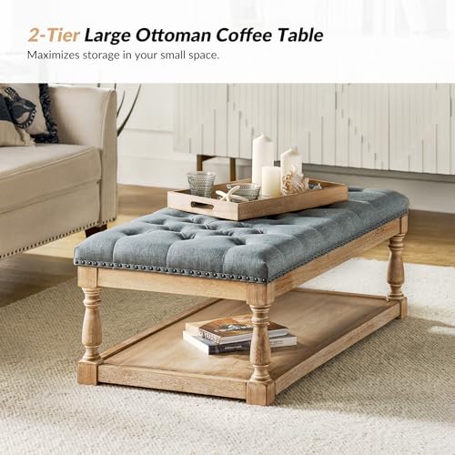 Storage Tufted Ottoman Coffee Table with Solid Wood Legs, Blue | with Tray & Shelf, Button Tufted Top Upholstered, Large Rectangle Cocktail Ottoman for Living Room Bedroom
