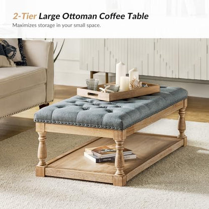 Storage Tufted Ottoman Coffee Table with Solid Wood Legs, Blue | with Tray & Shelf, Button Tufted Top Upholstered, Large Rectangle Cocktail Ottoman for Living Room Bedroom