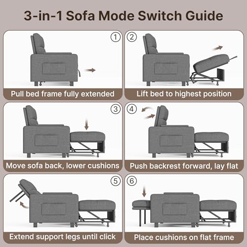 Convertible Sofa Bed, Modern Couch Bed & Small Loveseat Sleeper, 5-Position Adjustable Futon Sofa for Living Room, Apartment, Guest Room, Grey