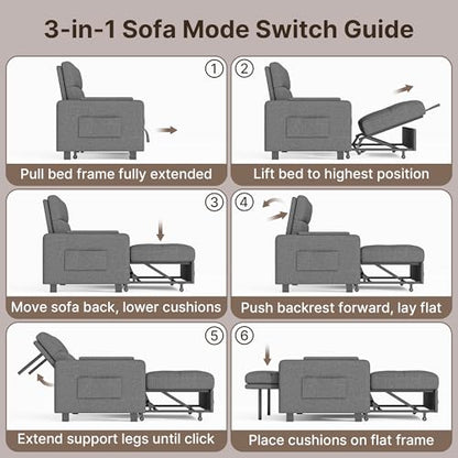 Convertible Sofa Bed, Modern Couch Bed & Small Loveseat Sleeper, 5-Position Adjustable Futon Sofa for Living Room, Apartment, Guest Room, Grey