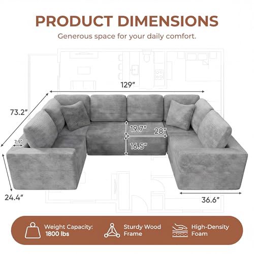 Sectional Couches for Living Room, Modern Boneless Couch with Deep Seat, Upholstered Cloud Sofa, No Assembly Required (Grey, Oversized Sofa)