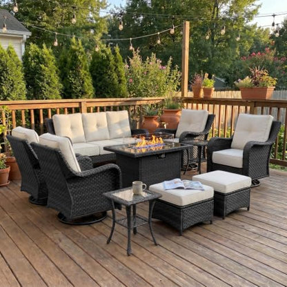 10 Piece Wicker Outdoor Furniture Set with 6-inch Comfy Cushions, High Back Patio Furniture Set with Swivel Rocking Chairs and Fire Pit Table